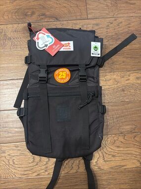 Topo Designs Black Roll-Top Backpack with 25th Anniversary Patch